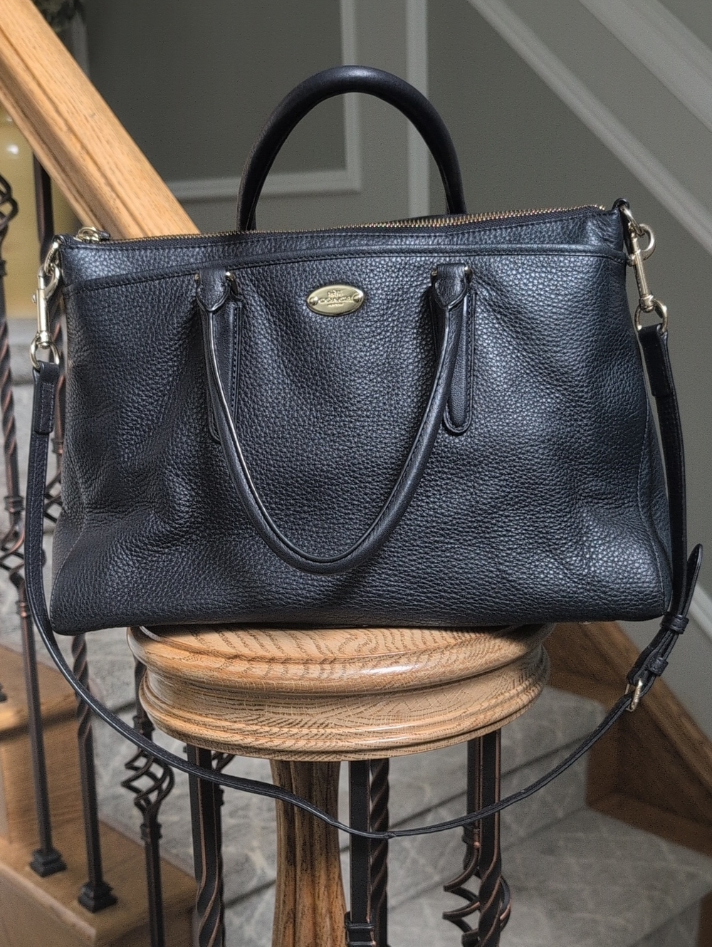 Coach Navy Pebbled Leather Tote With Removable Shoulder Strap
